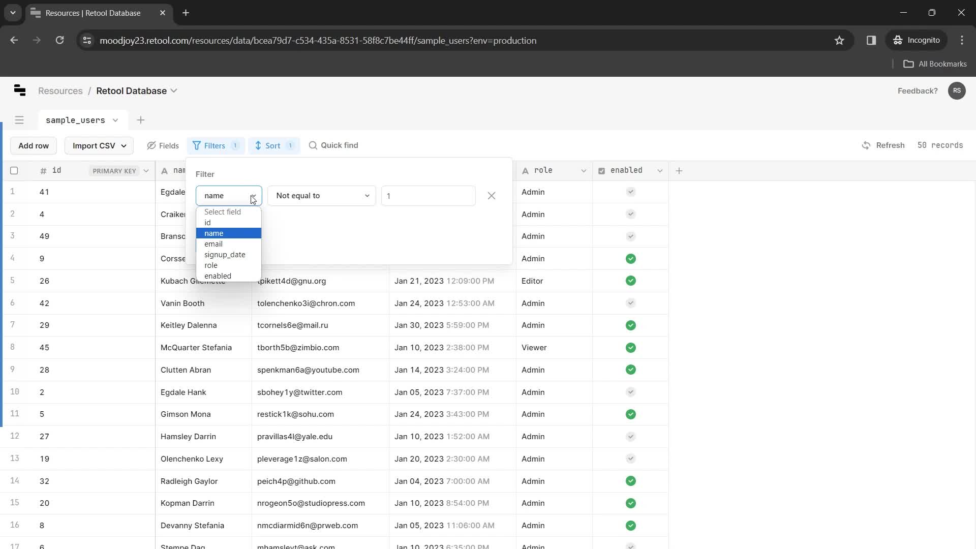 Filtering and sorting screenshot