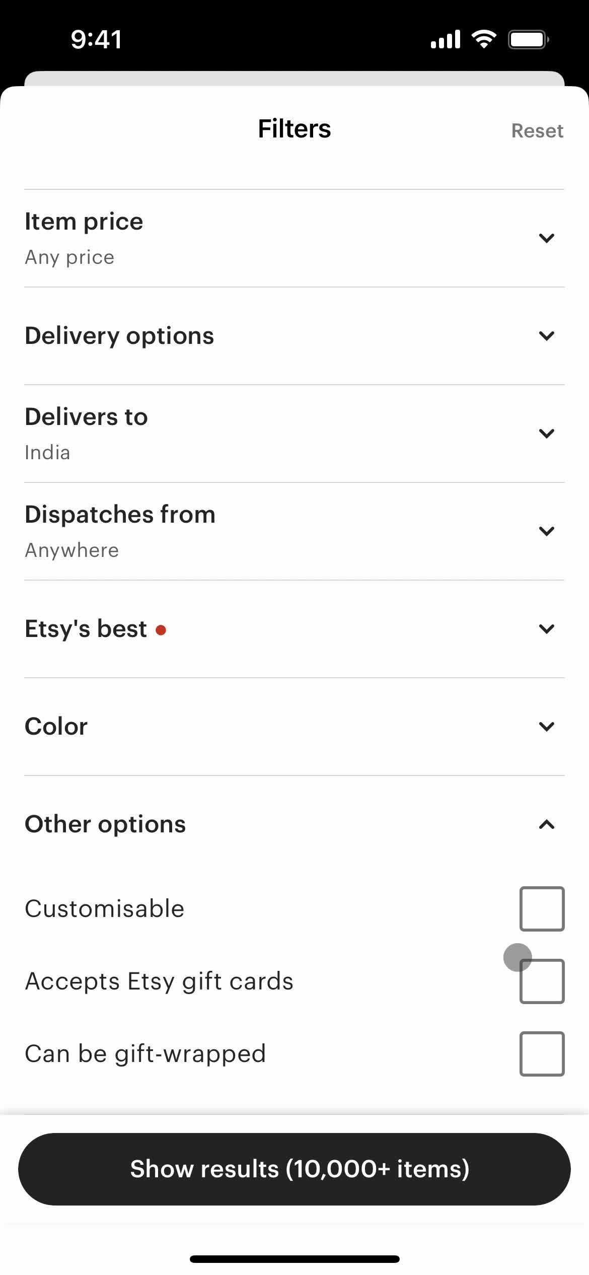Filtering screenshot