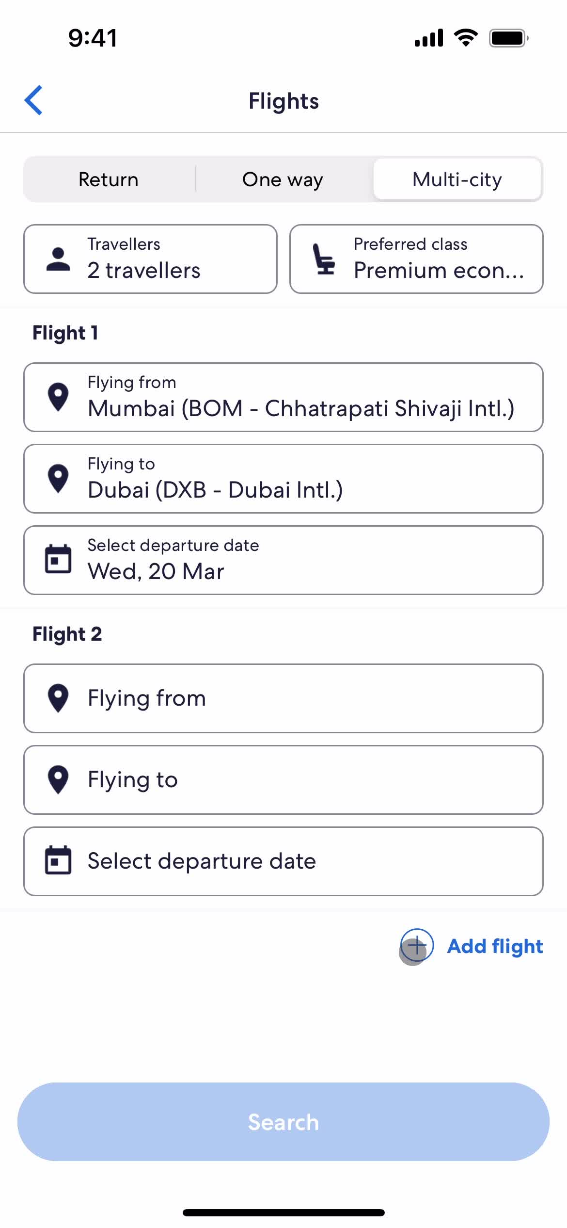 Finding flights screenshot