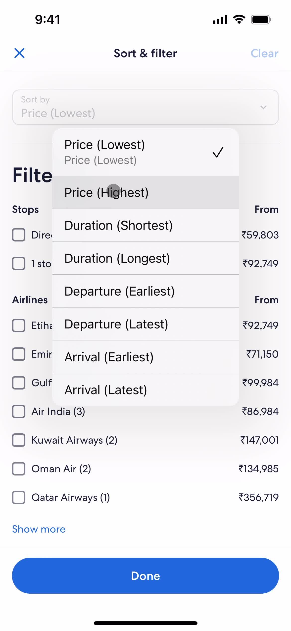 Finding flights screenshot