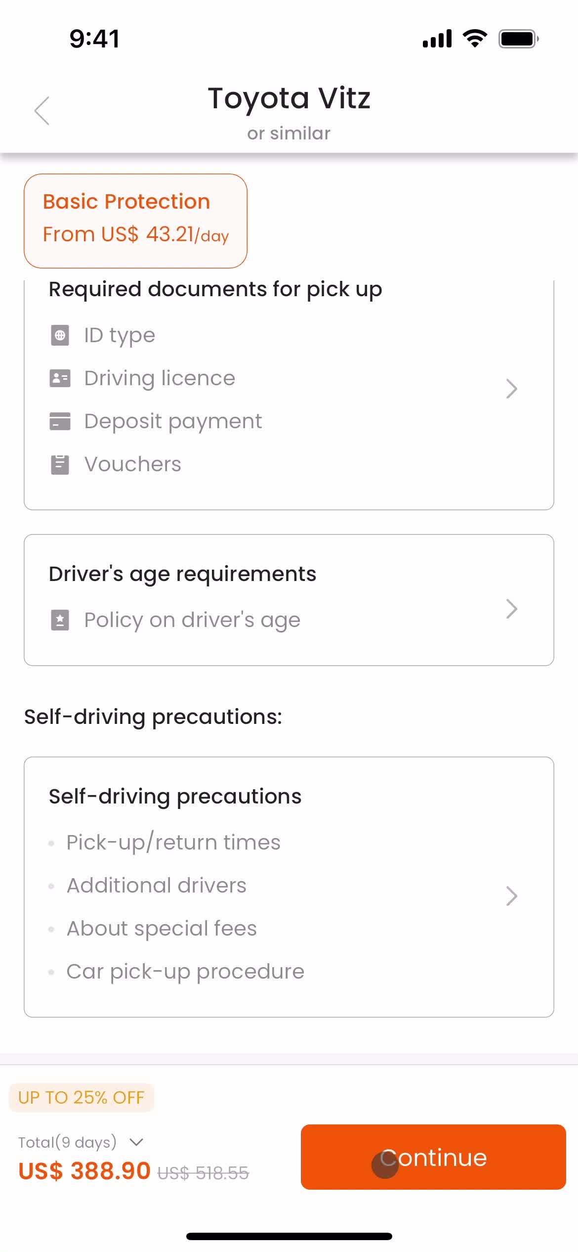 Searching car rentals screenshot