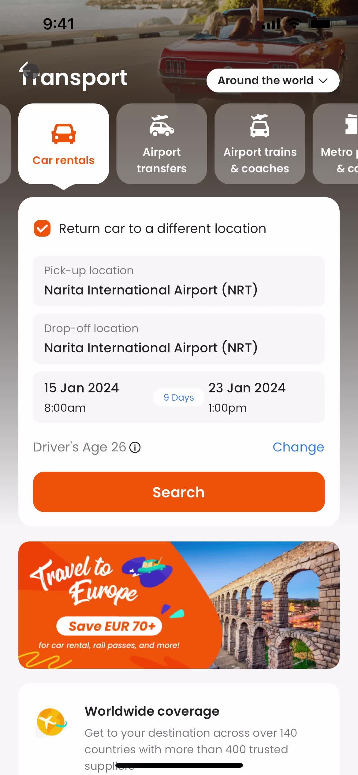 Searching car rentals screenshot