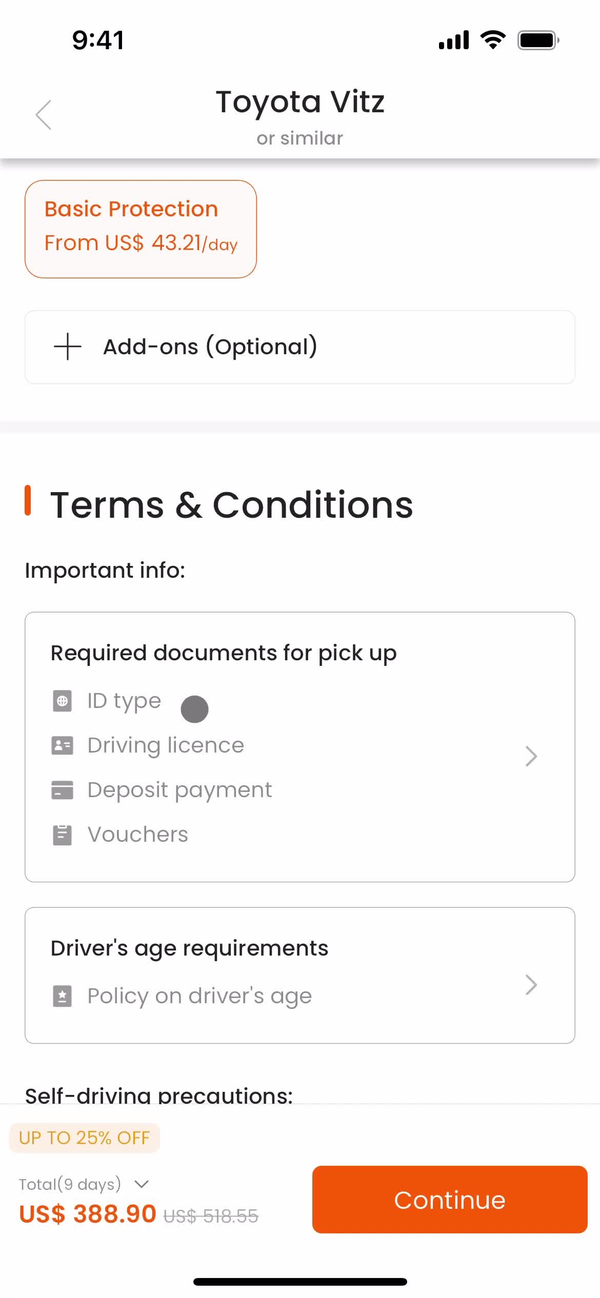 Searching car rentals screenshot