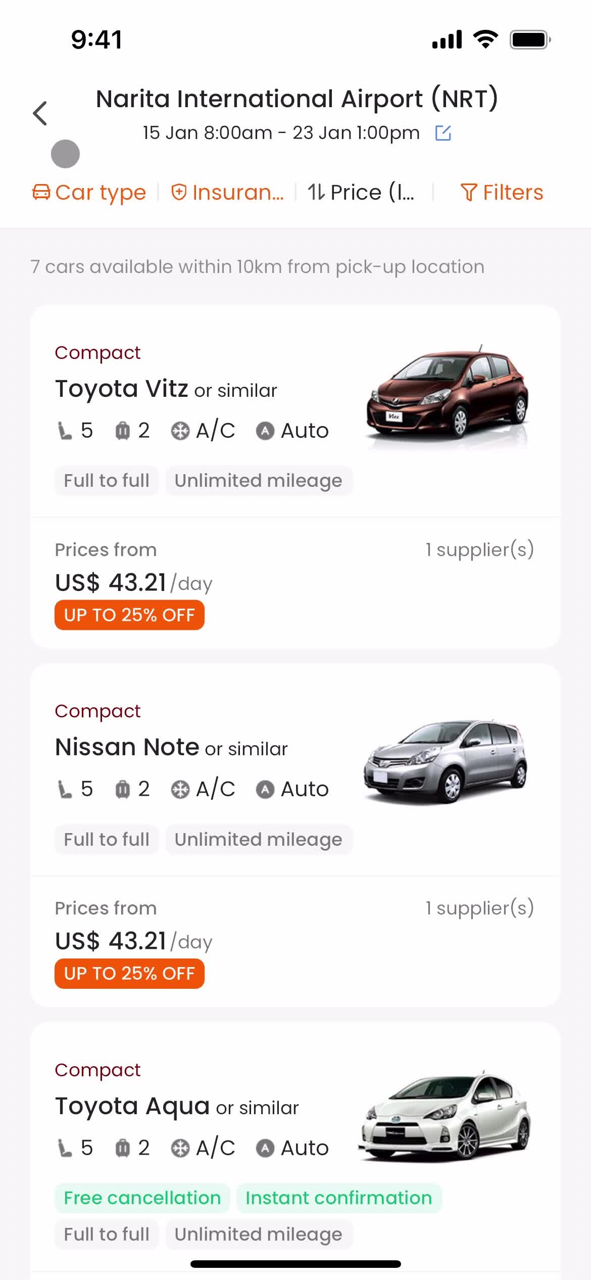 Searching car rentals screenshot