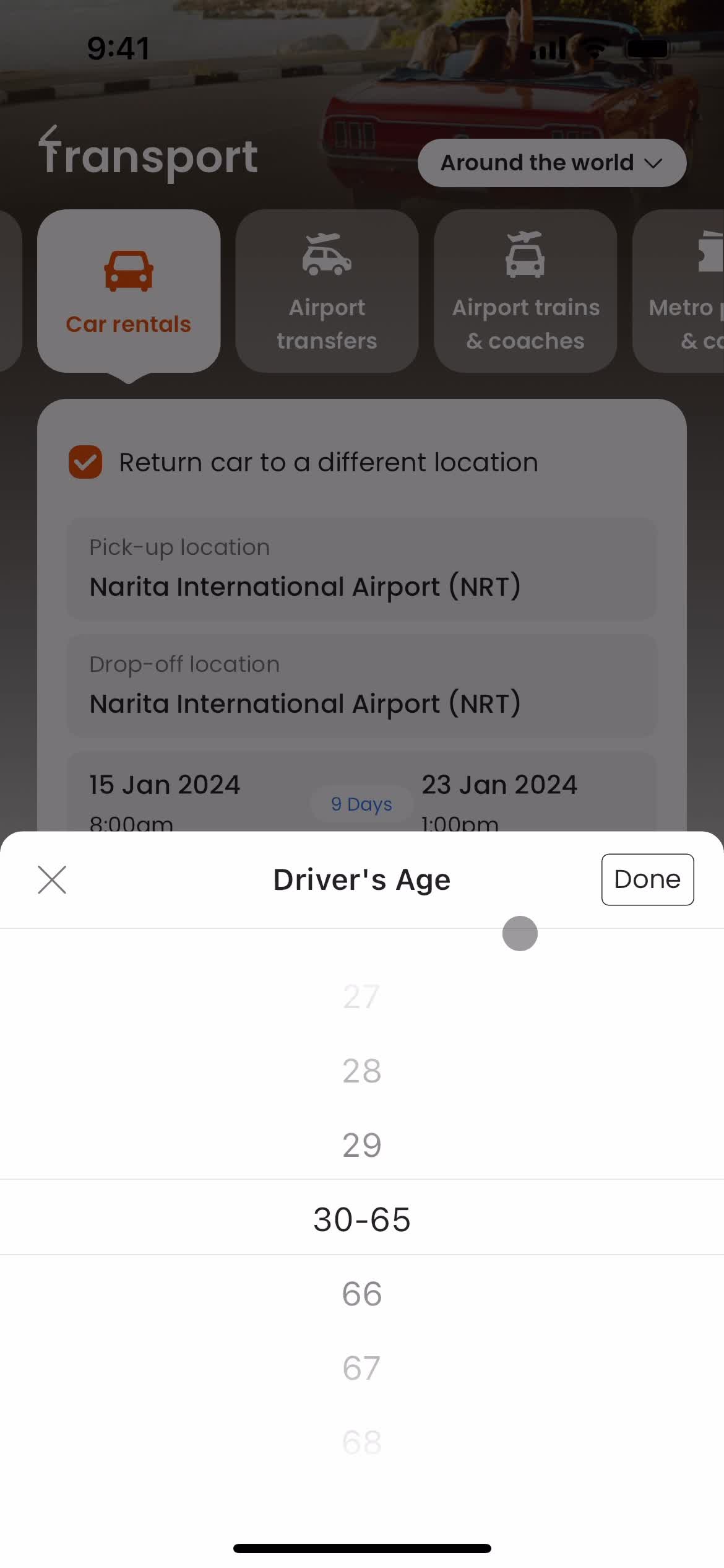 Searching car rentals screenshot