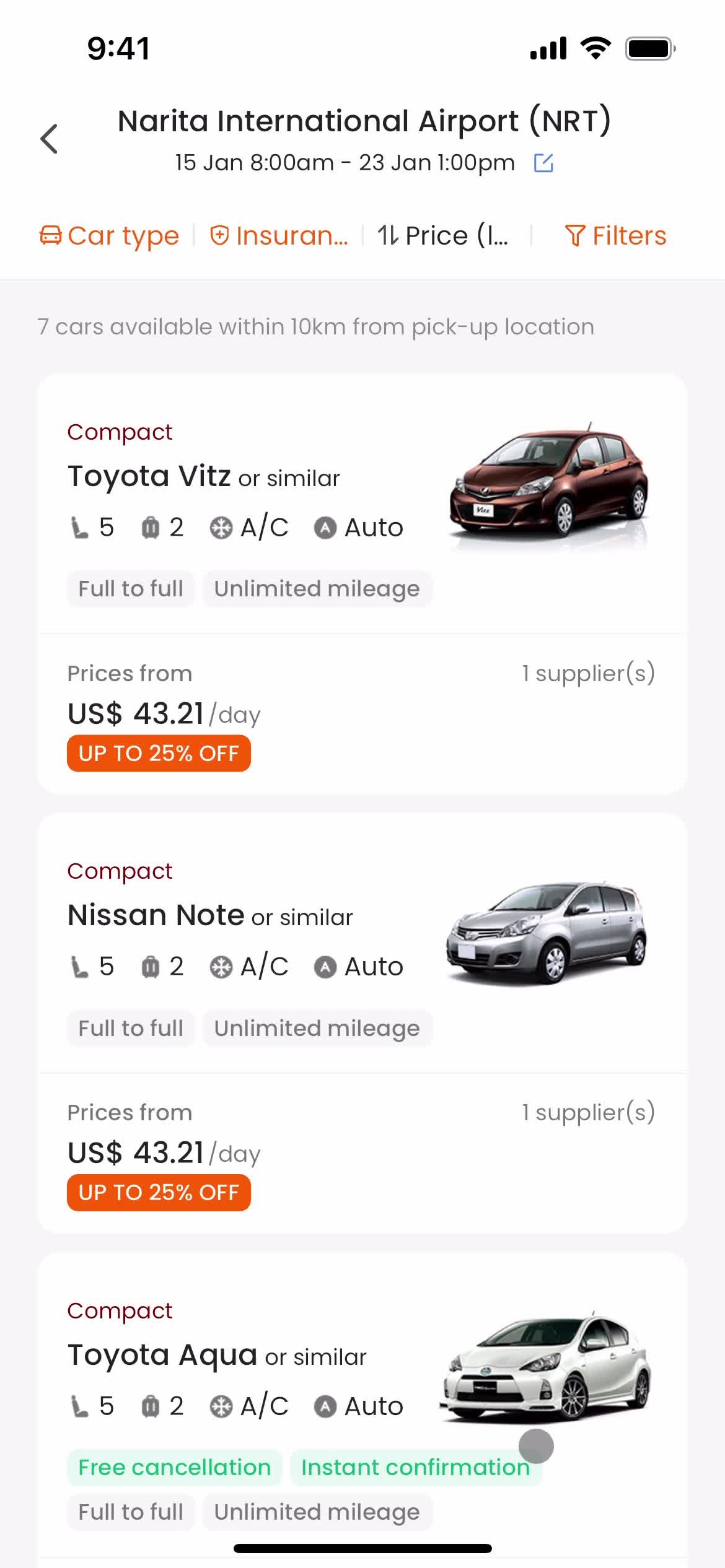 Searching car rentals screenshot