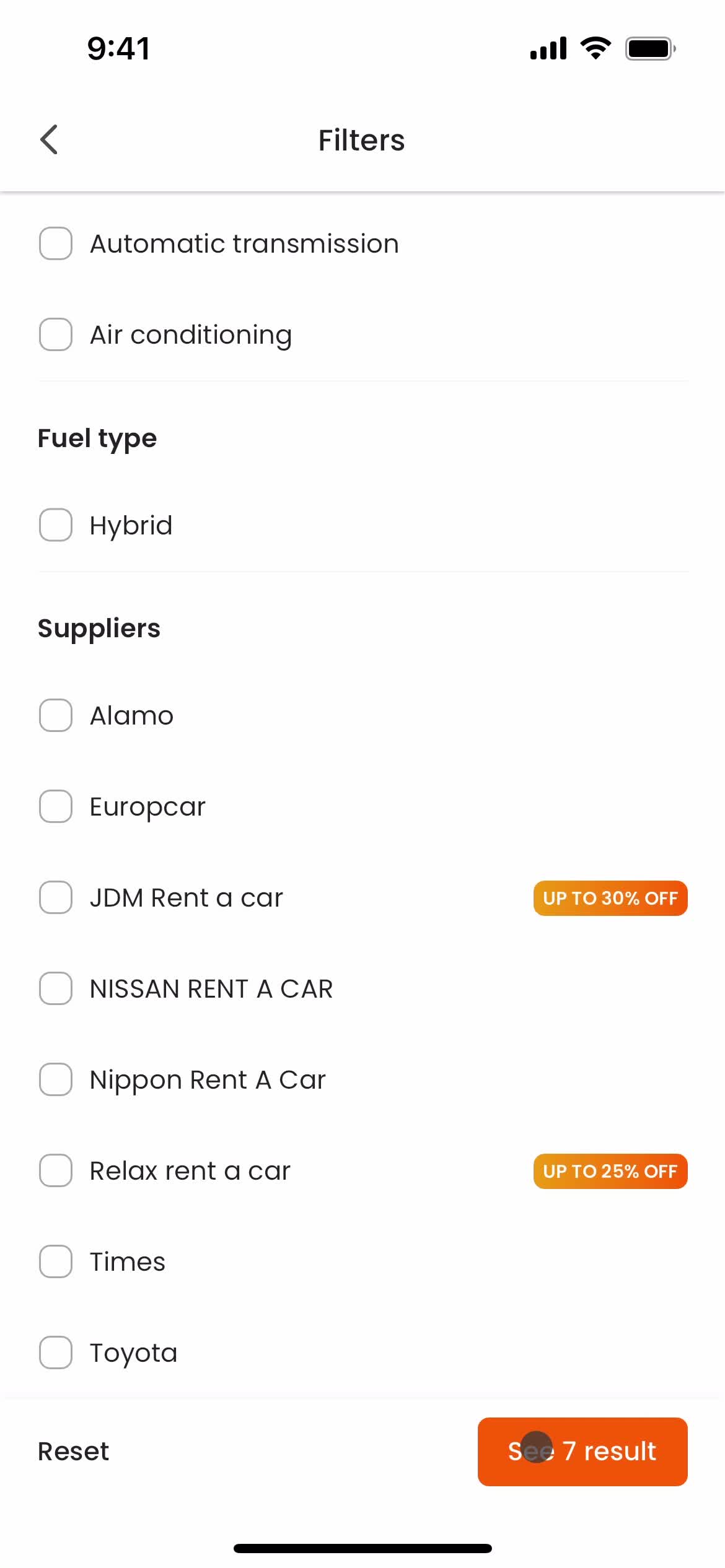 Searching car rentals screenshot