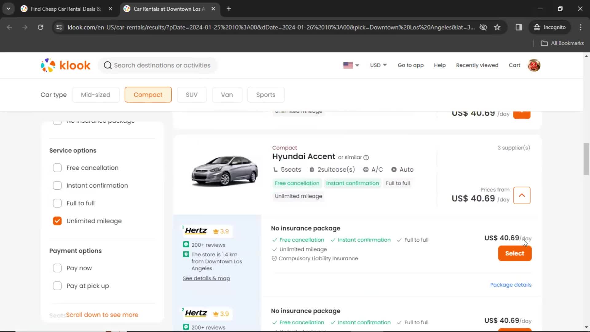 Searching car rentals screenshot