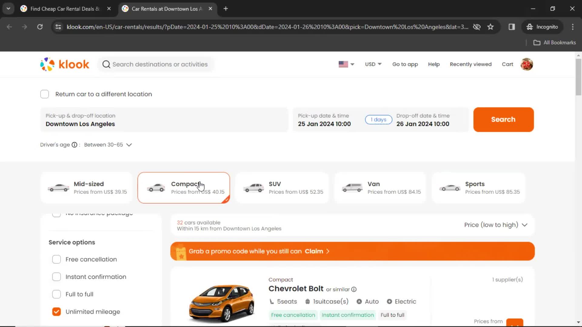 Searching car rentals screenshot