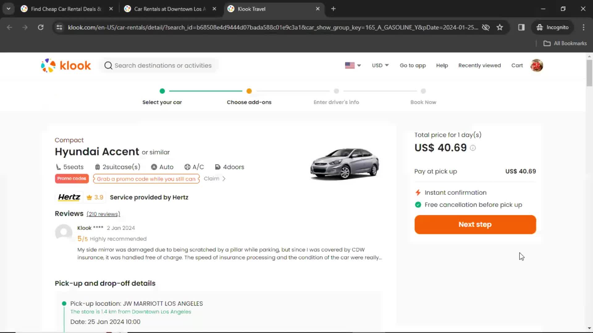 Searching car rentals screenshot