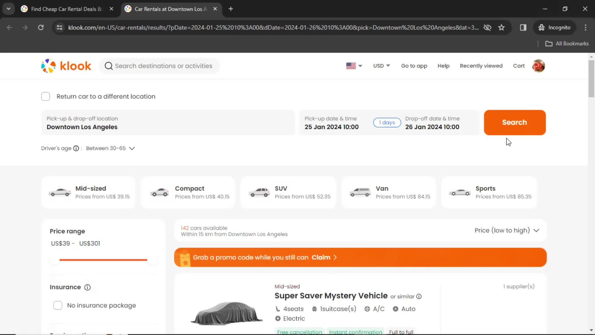 Searching car rentals screenshot