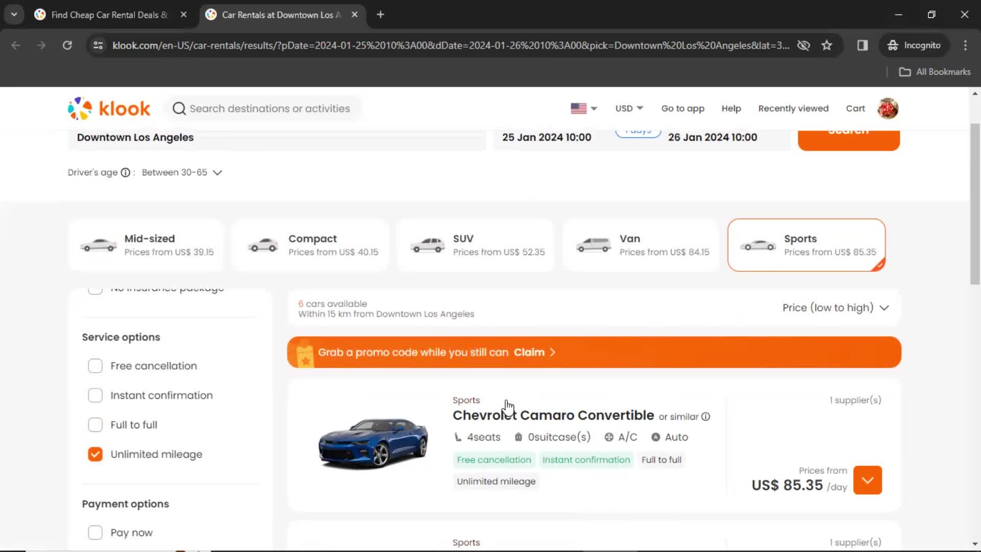 Searching car rentals screenshot