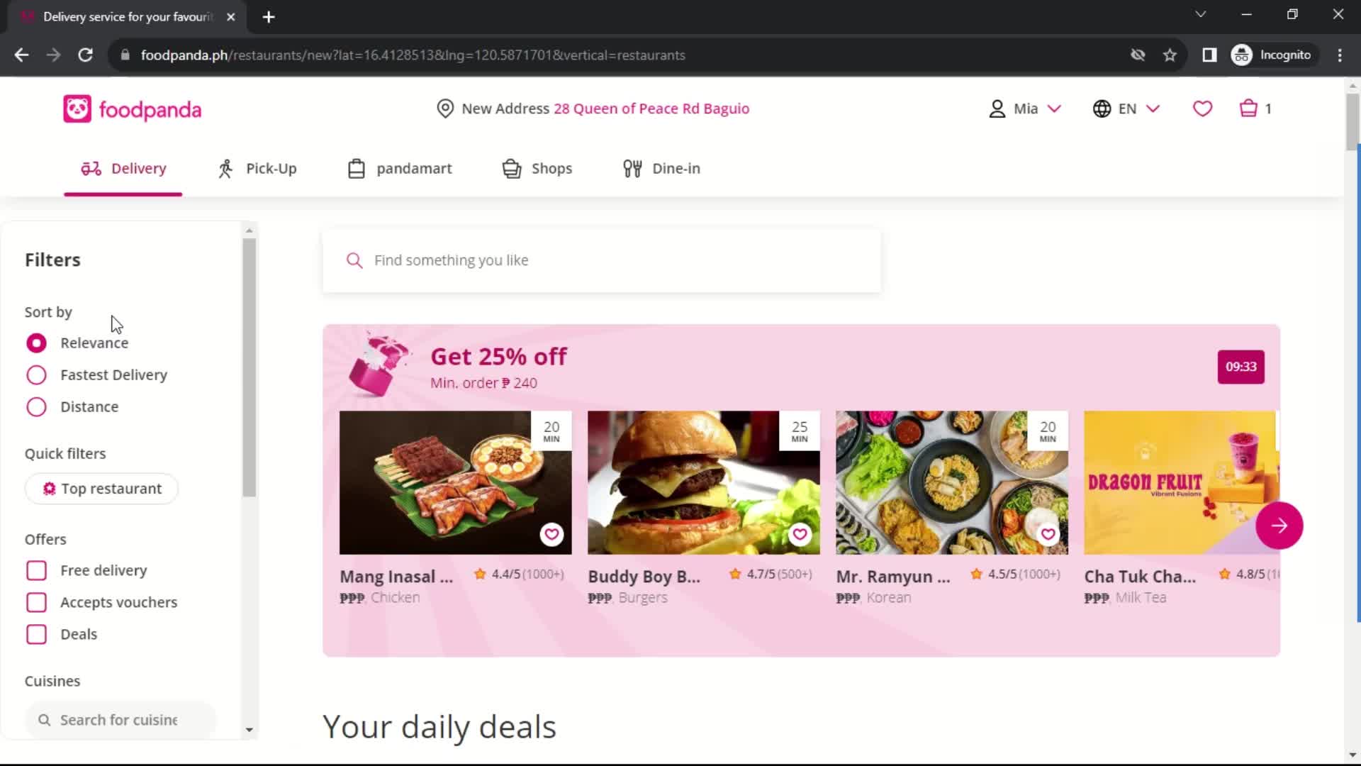 Screenshot of Menu on General browsing on foodpanda user flow