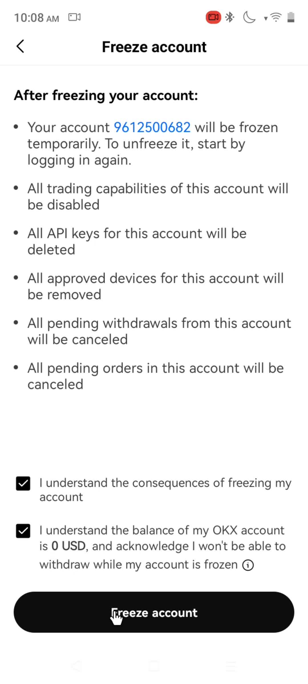 Freezing your account screenshot