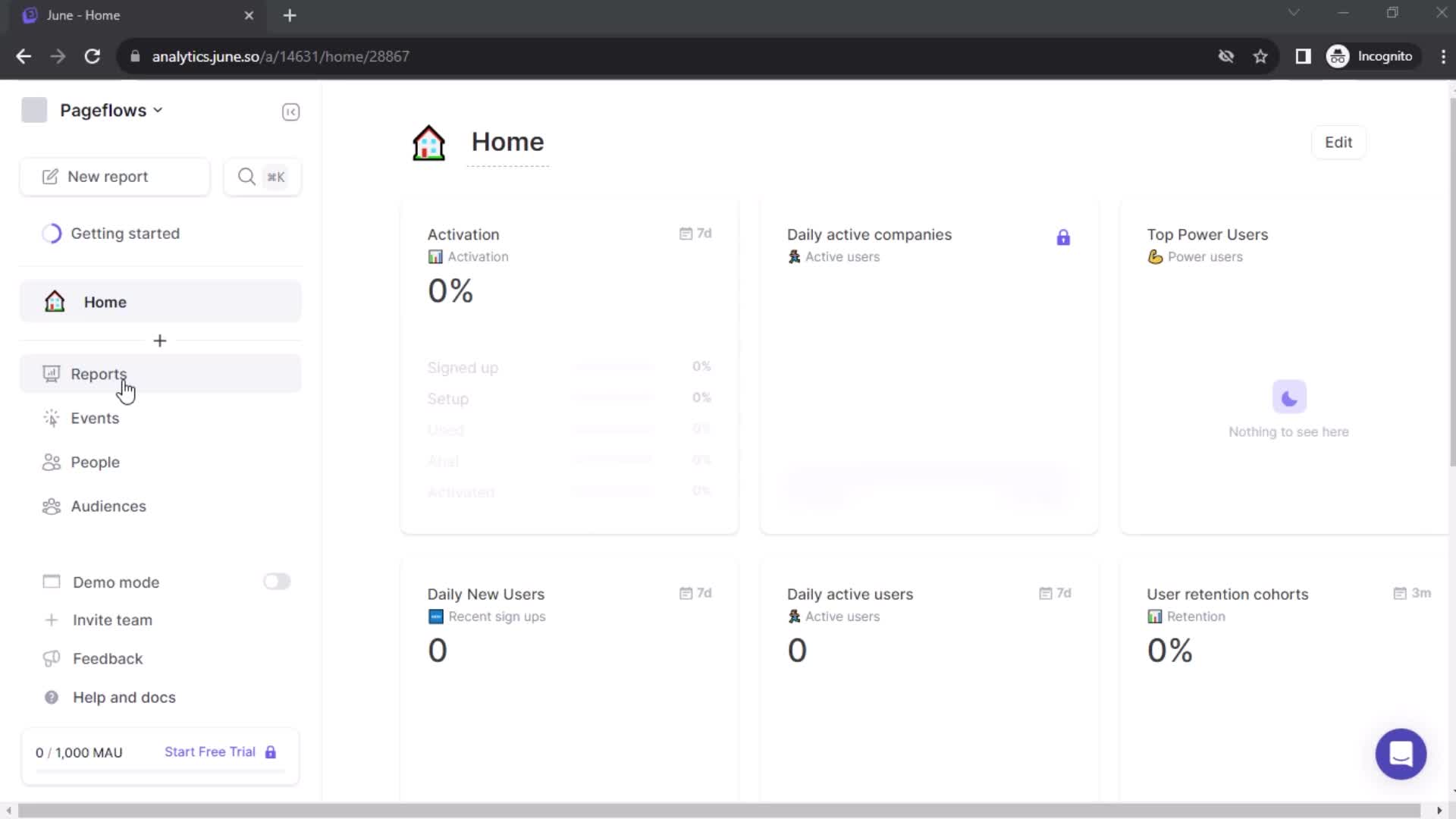 Screenshot of Home on Creating a funnel on June user flow