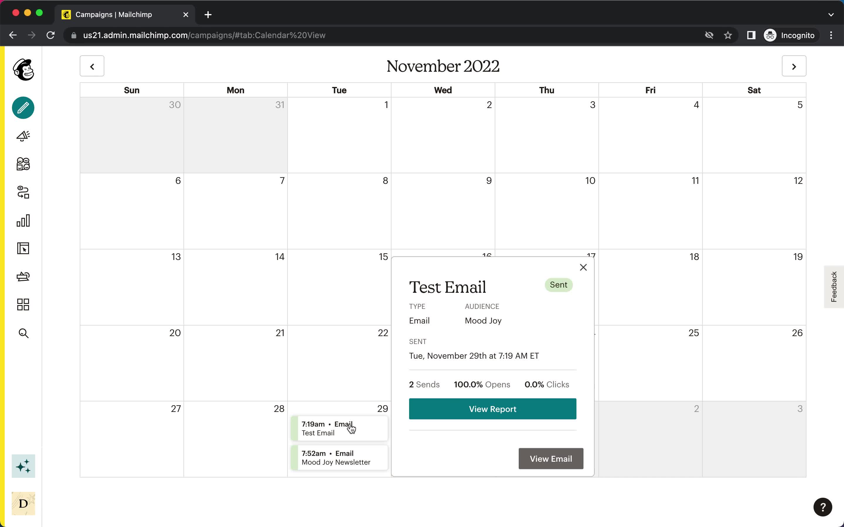 Mailchimp calendar screenshot