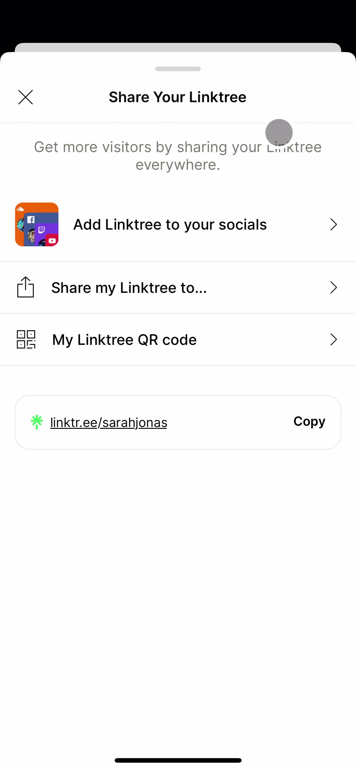 Screenshot of Share on General browsing on Linktree user flow