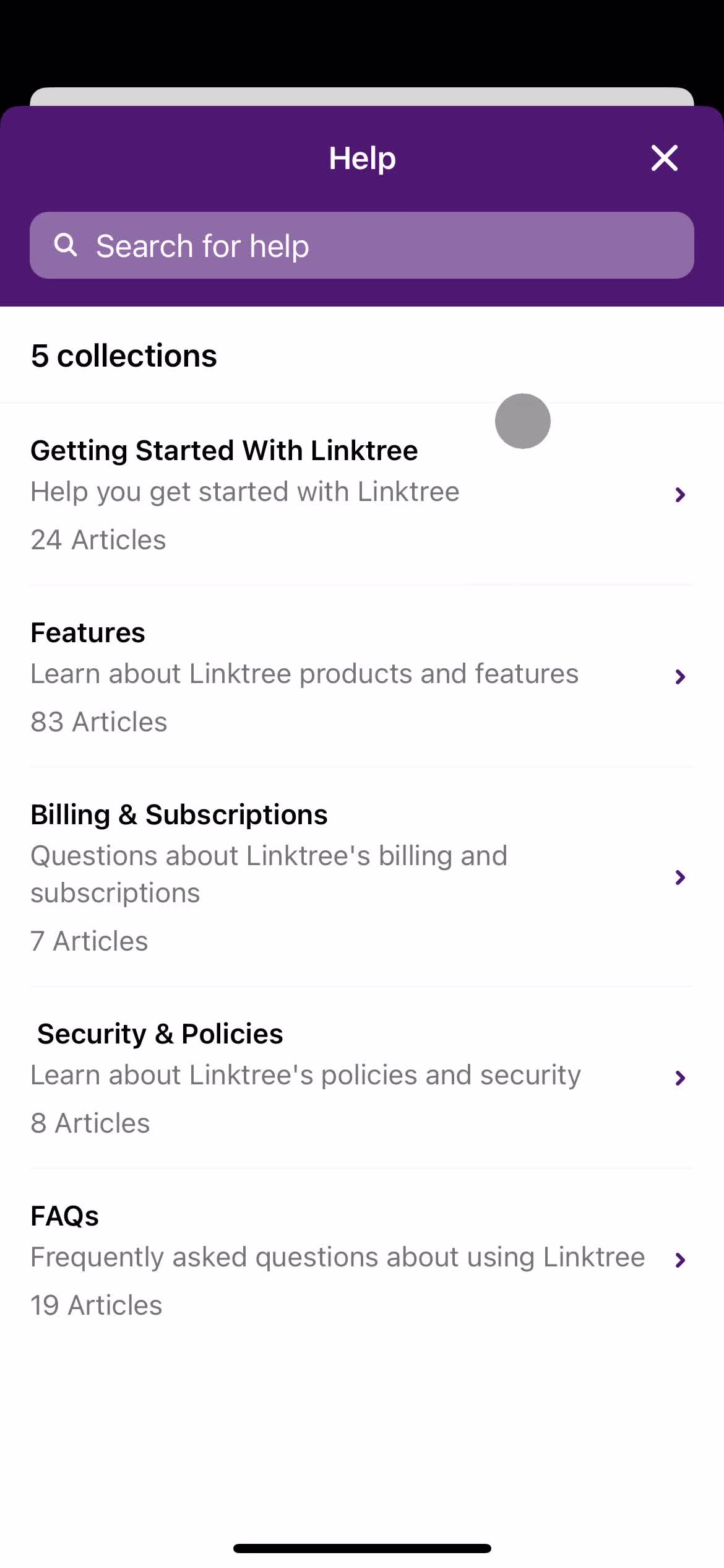 Screenshot of Help menu on General browsing on Linktree user flow