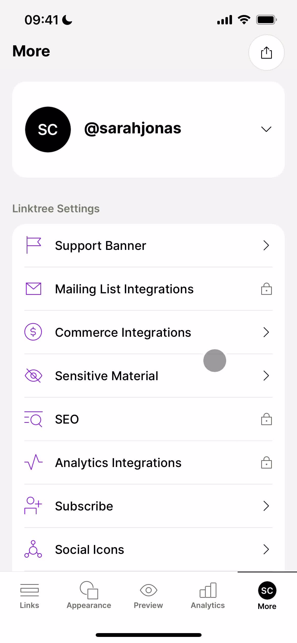 Screenshot of Settings on General browsing on Linktree user flow