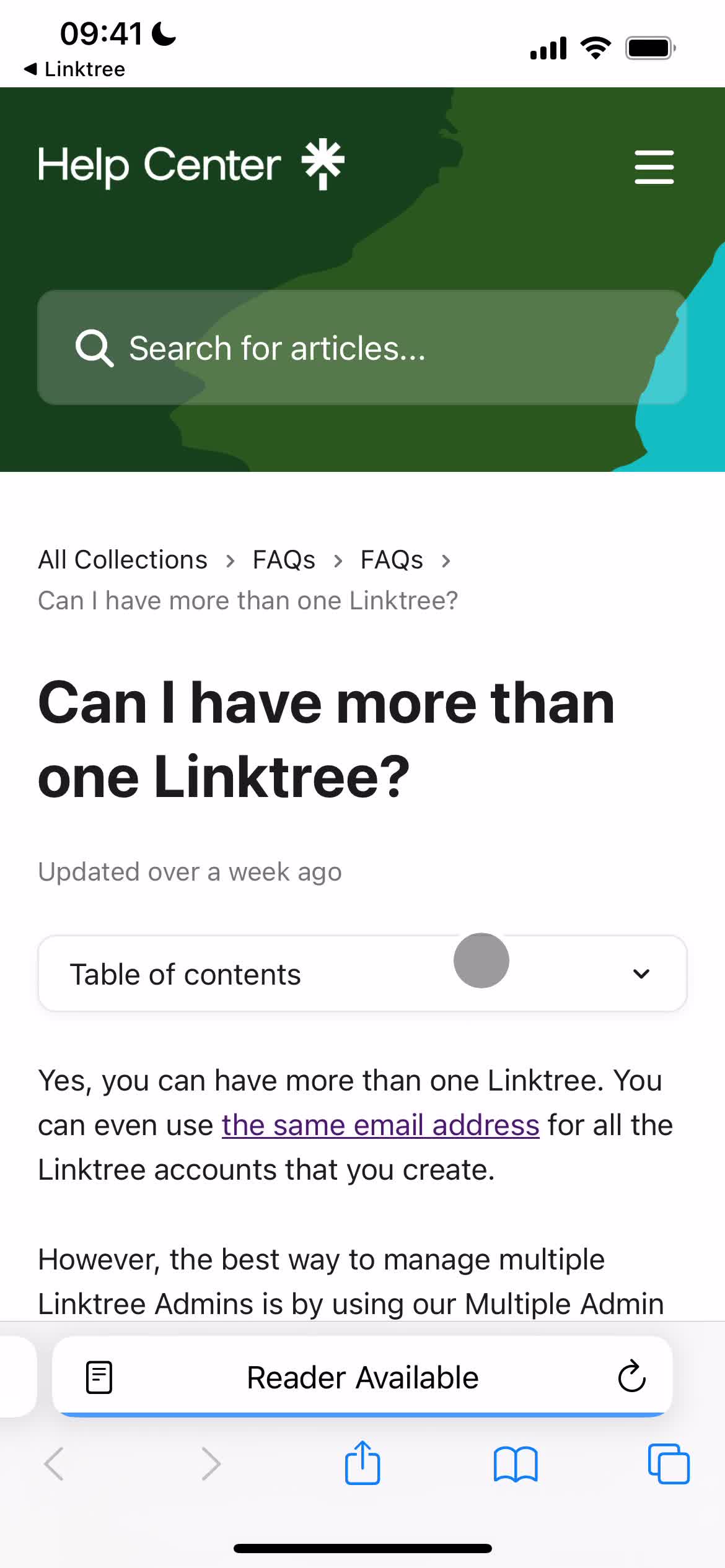 Screenshot of Help centre on General browsing on Linktree user flow