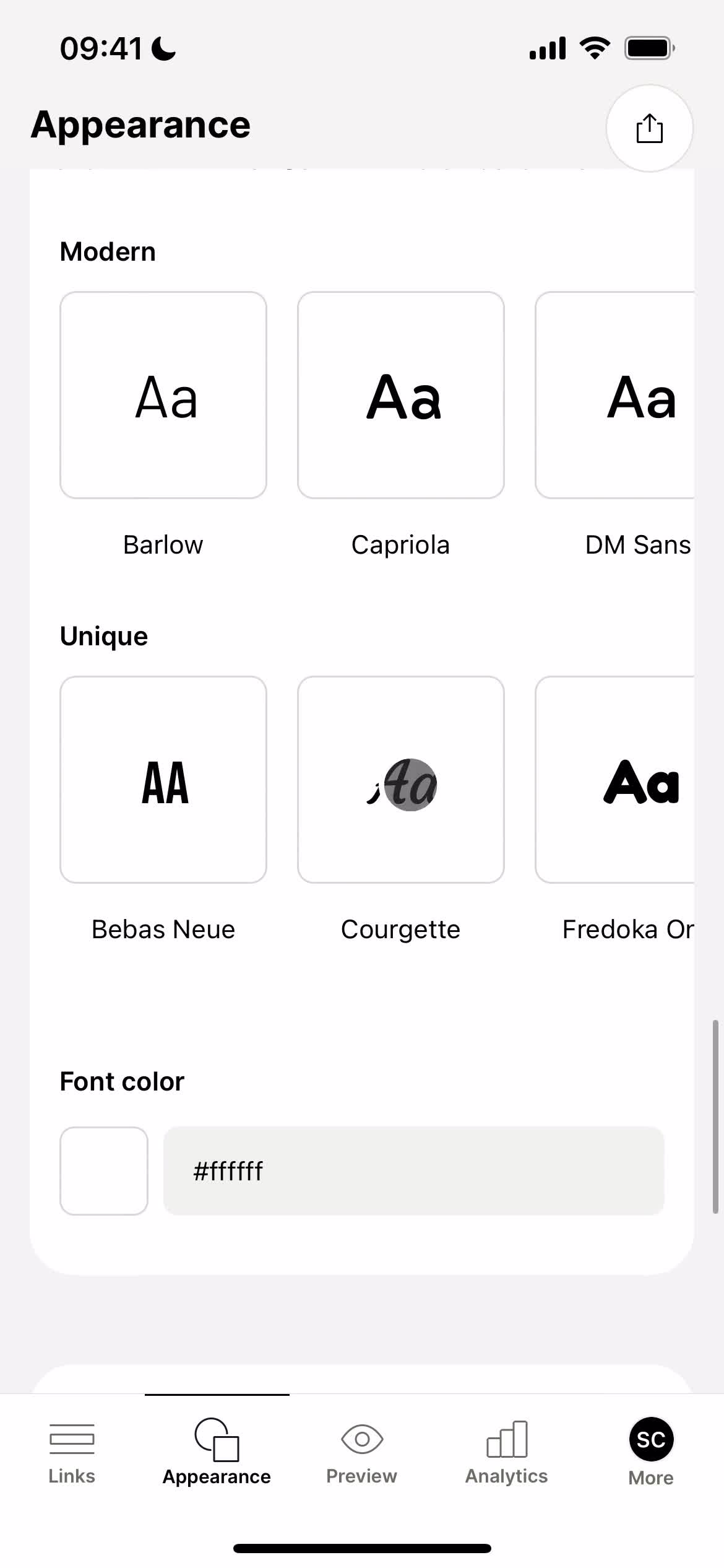Screenshot of Select font on General browsing on Linktree user flow