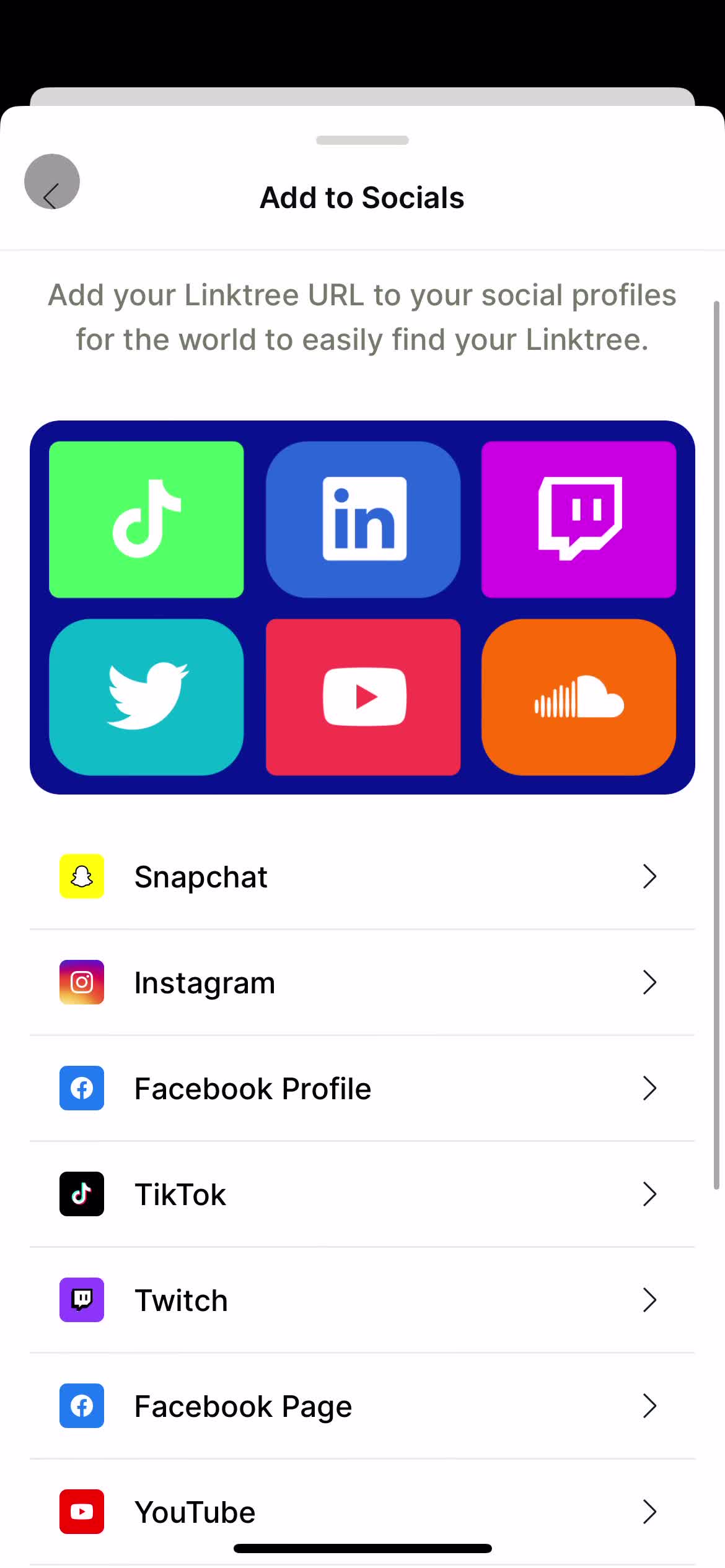 Screenshot of Connect social media on General browsing on Linktree user flow