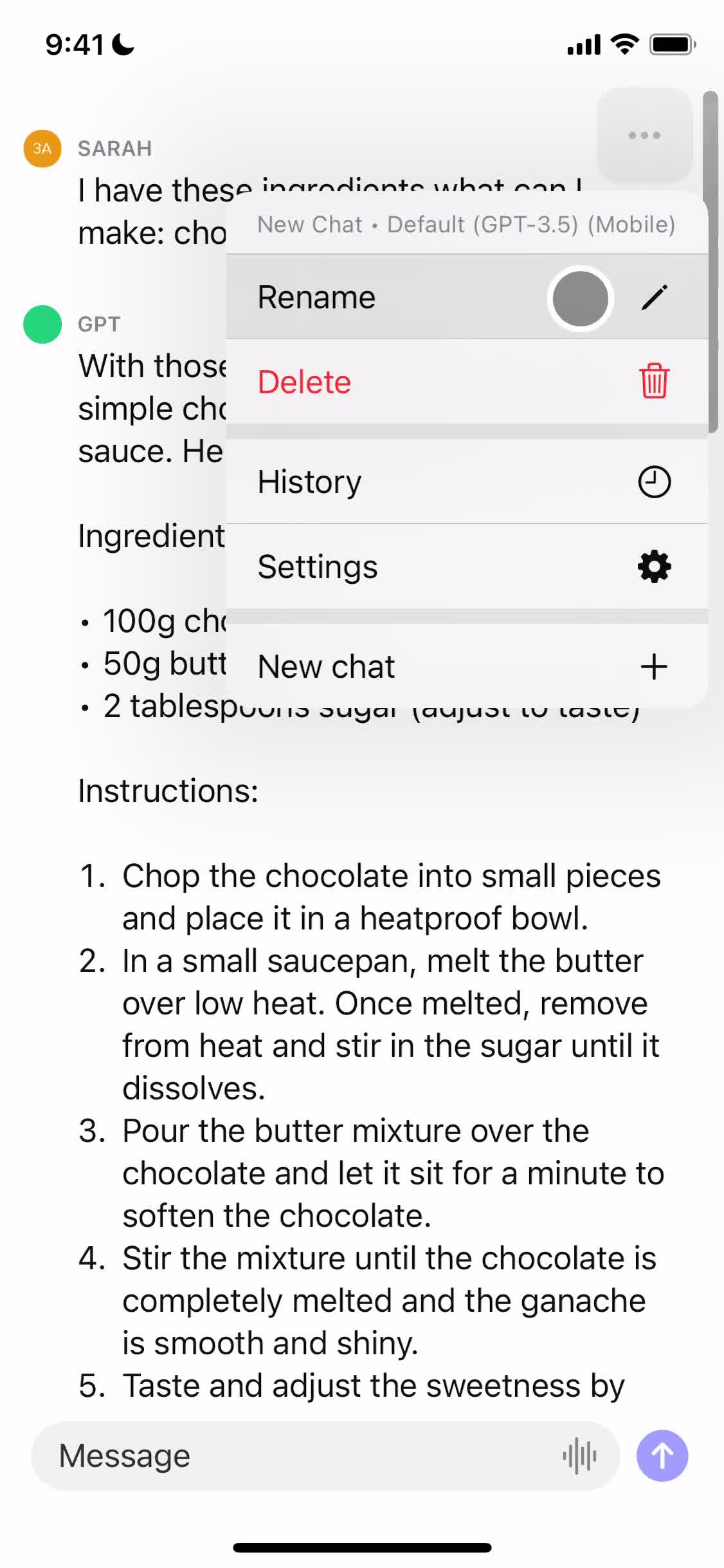 ChatGPT action menu screenshot