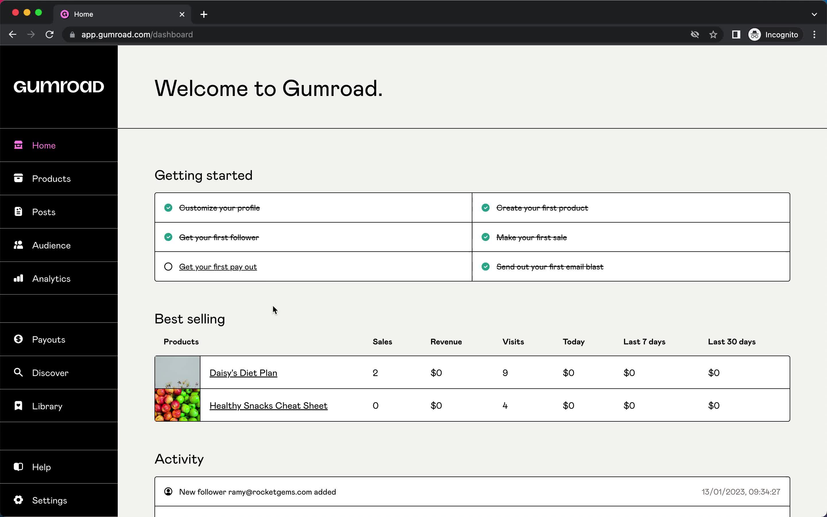 Screenshot of Home on General browsing on Gumroad user flow