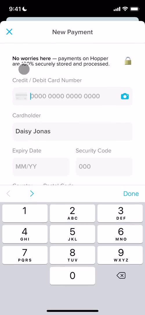 Hopper add payment details screenshot