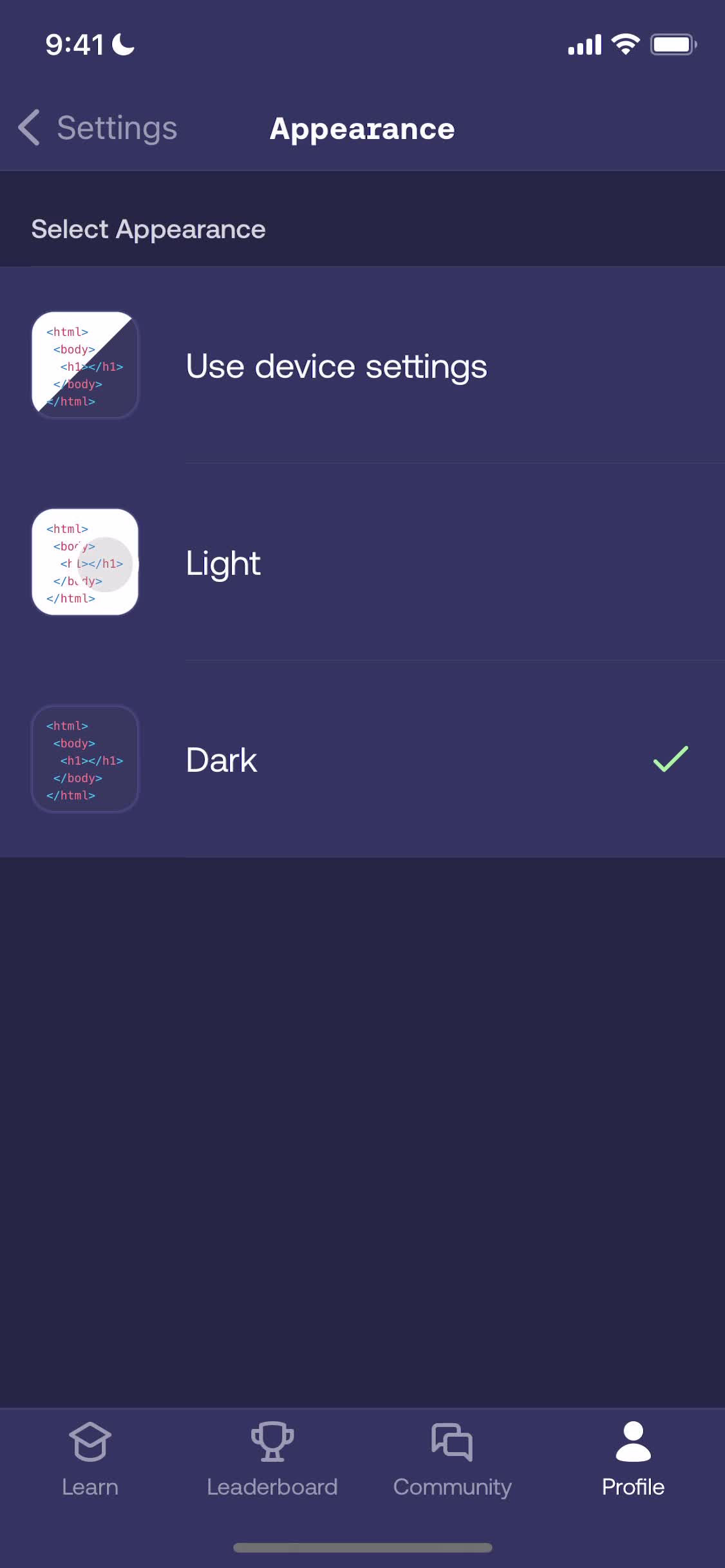 Mimo dark mode screenshot