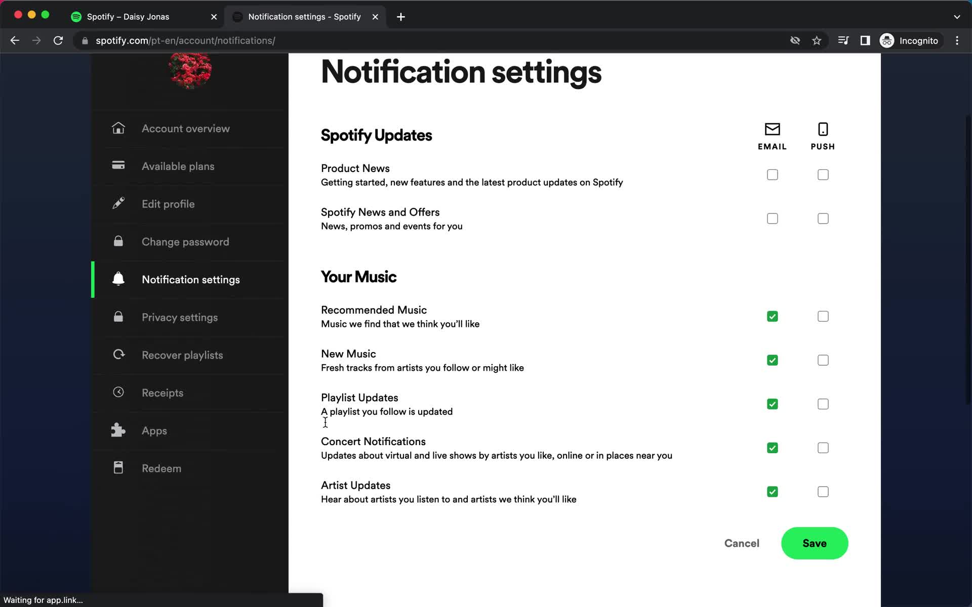 Spotify notification settings screenshot