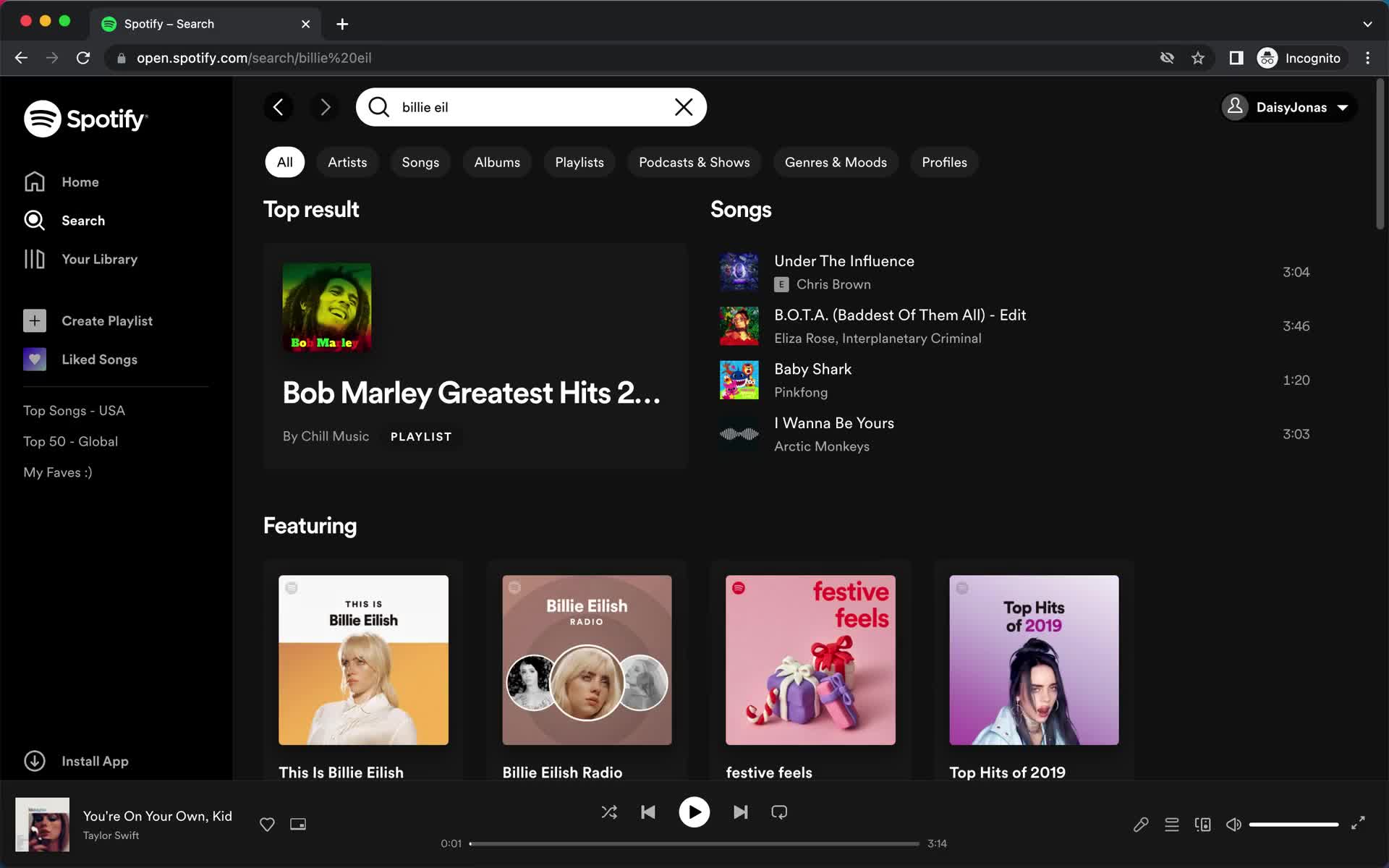 Screenshot of Search results on General browsing on Spotify user flow