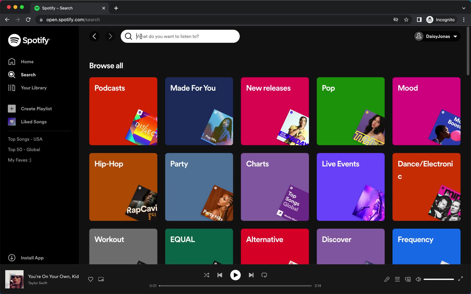 Screenshot of Search on General browsing on Spotify user flow