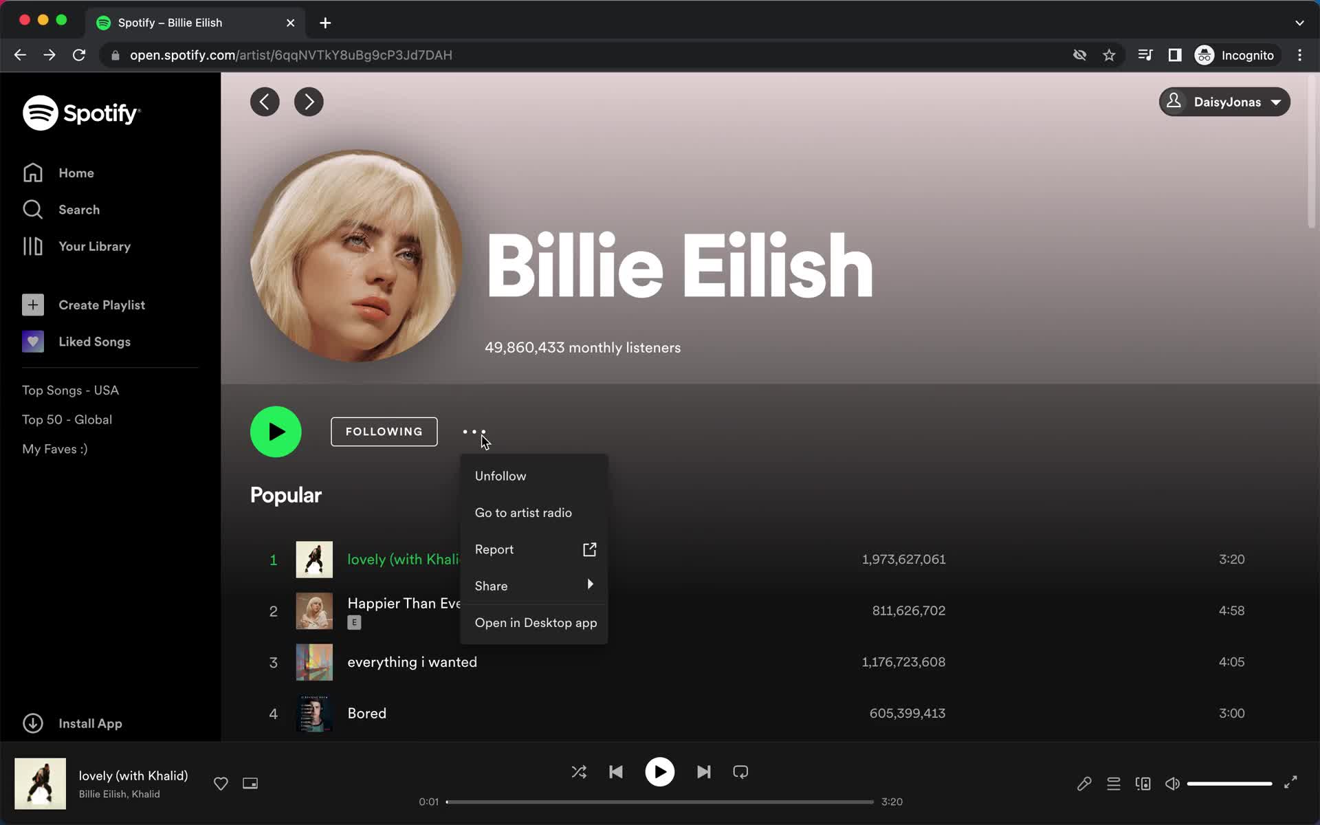 Spotify action menu screenshot