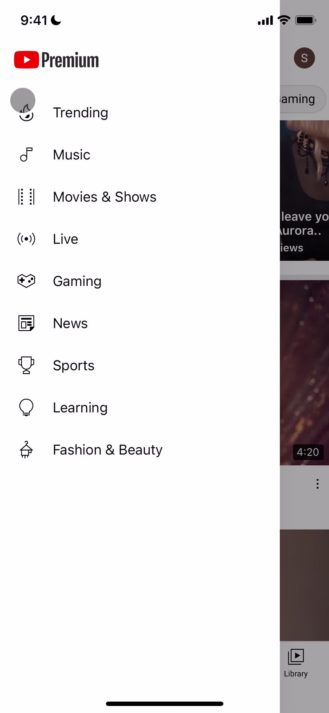Screenshot of Navigation menu on General browsing on YouTube user flow