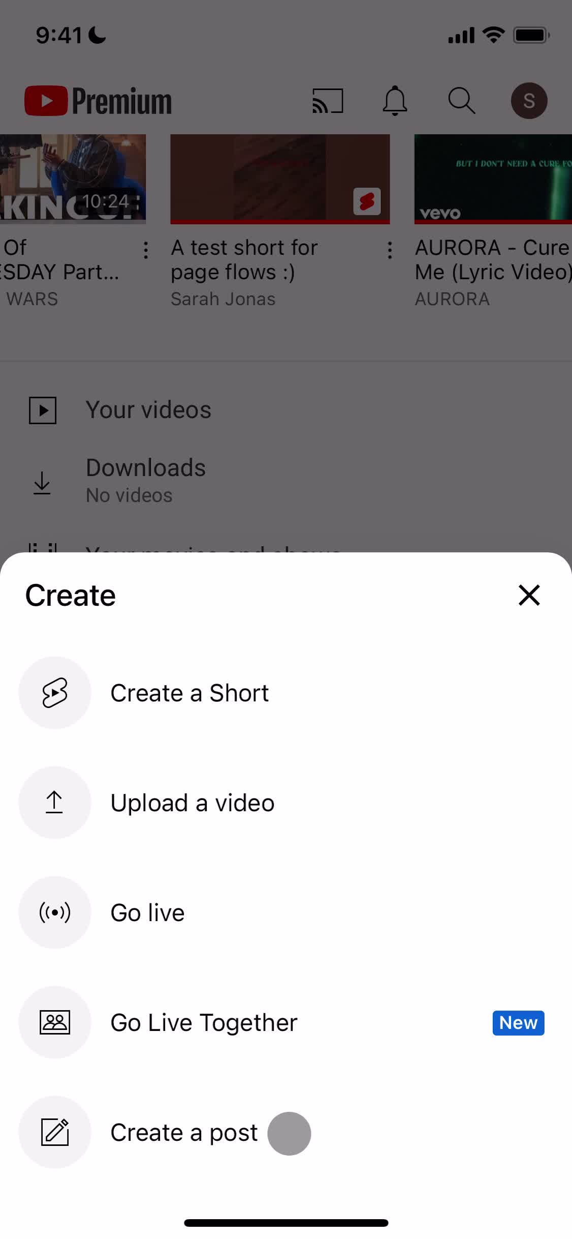 YouTube create menu screenshot