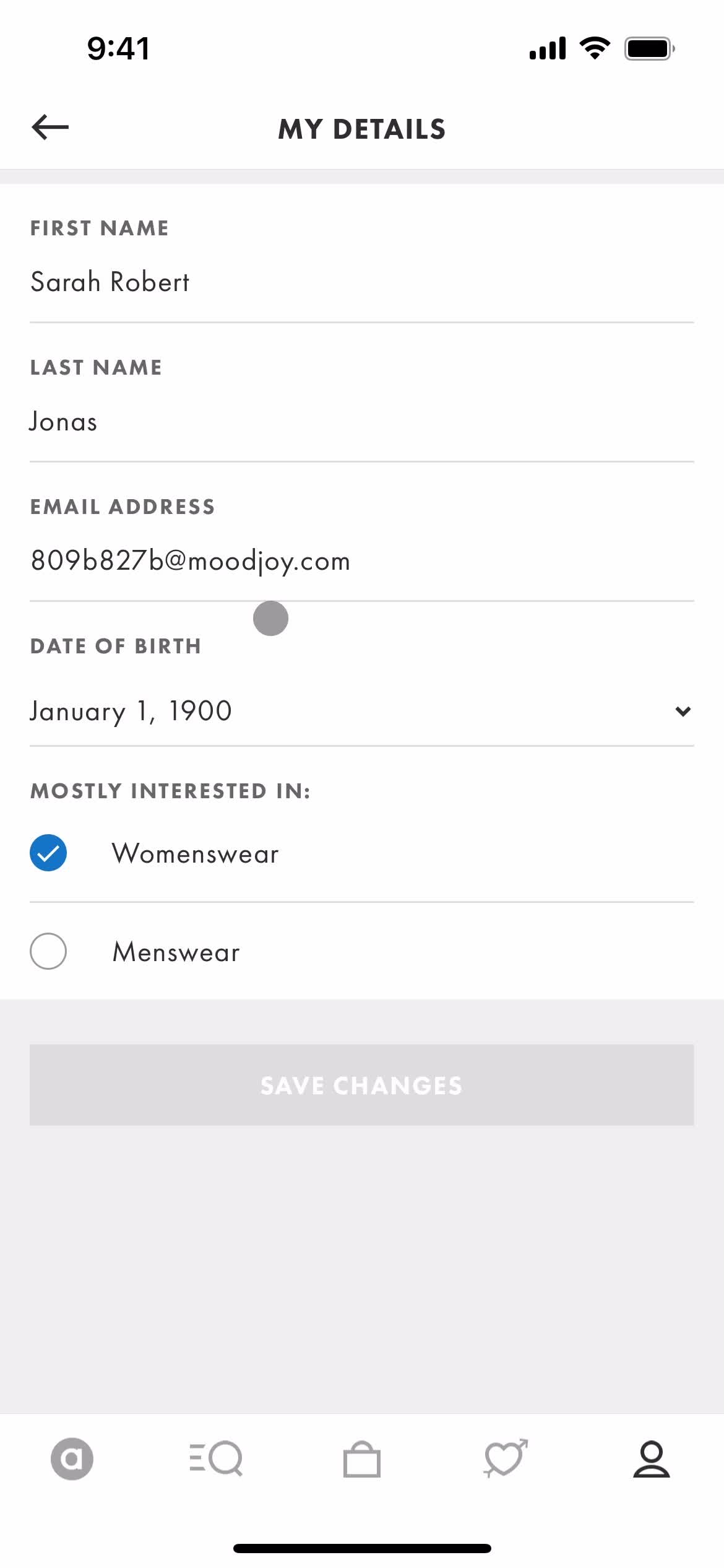 ASOS profile details screenshot