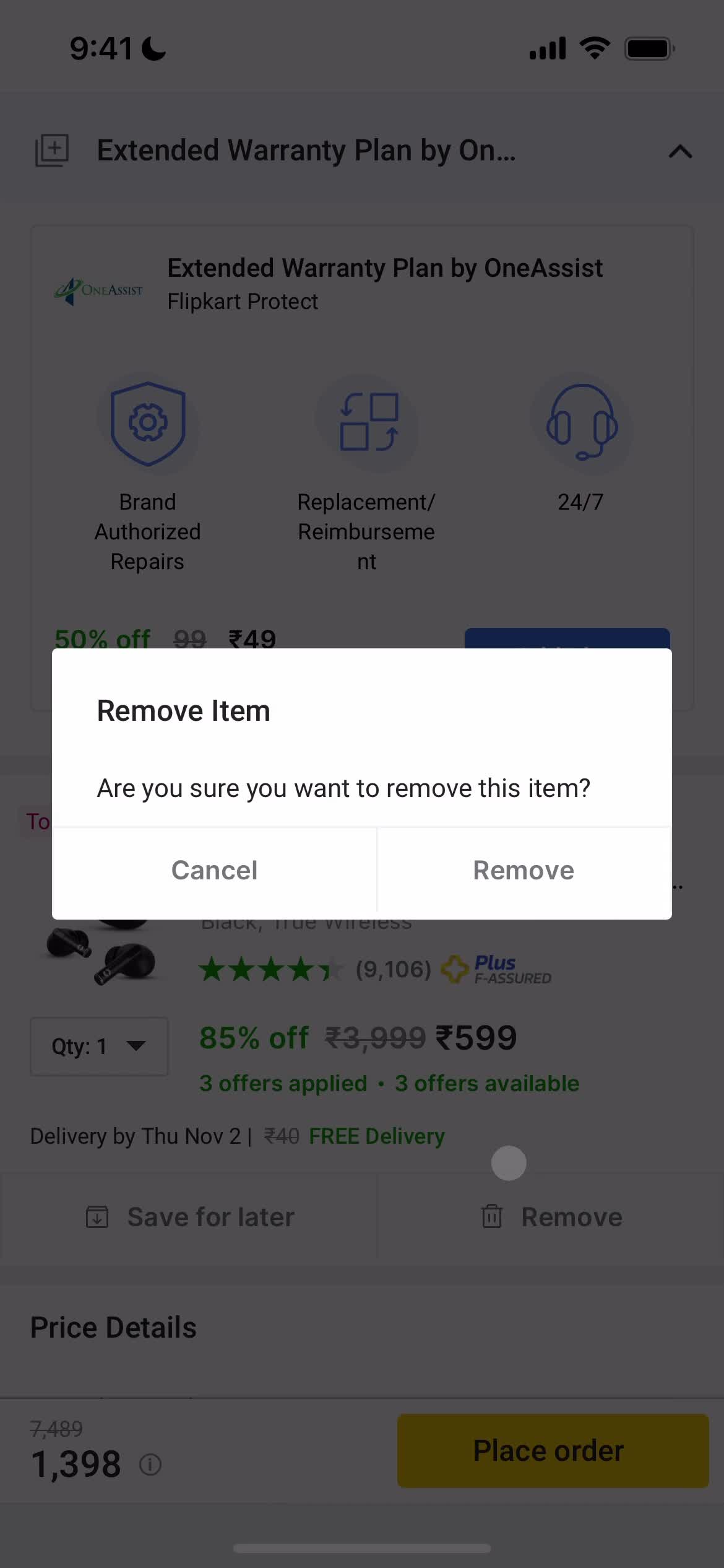 FlipKart remove item screenshot