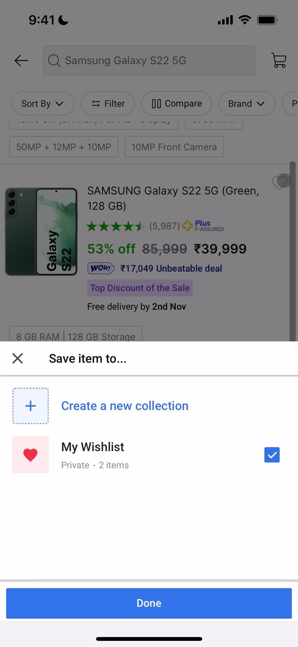 Screenshot of Add to collection on General browsing on FlipKart user flow