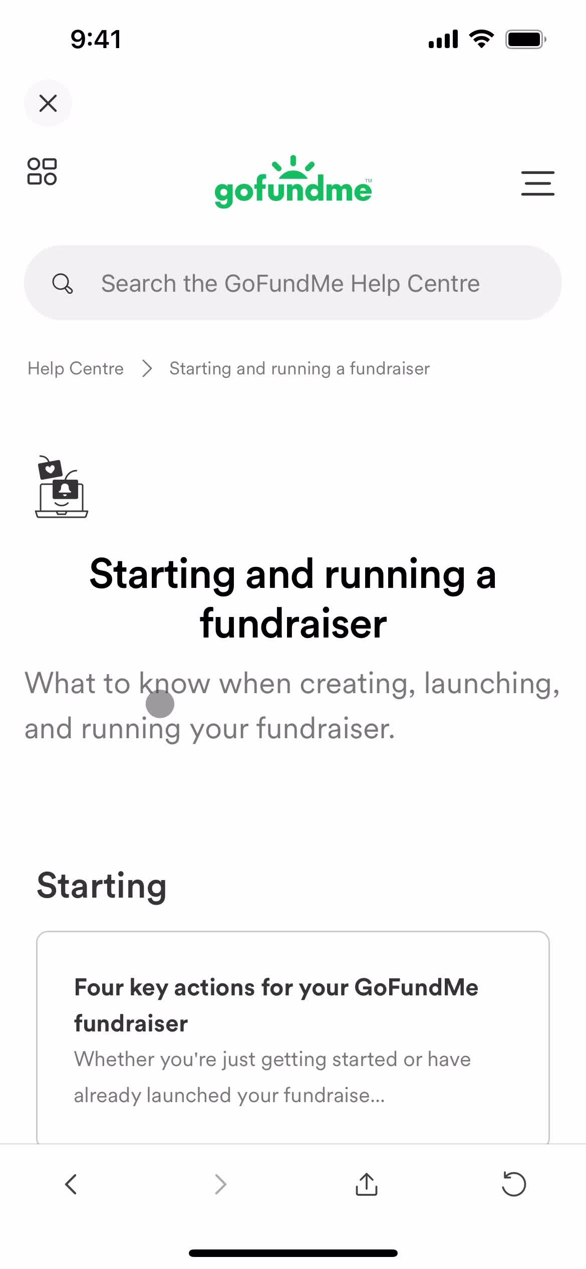 GoFundMe help center category screenshot