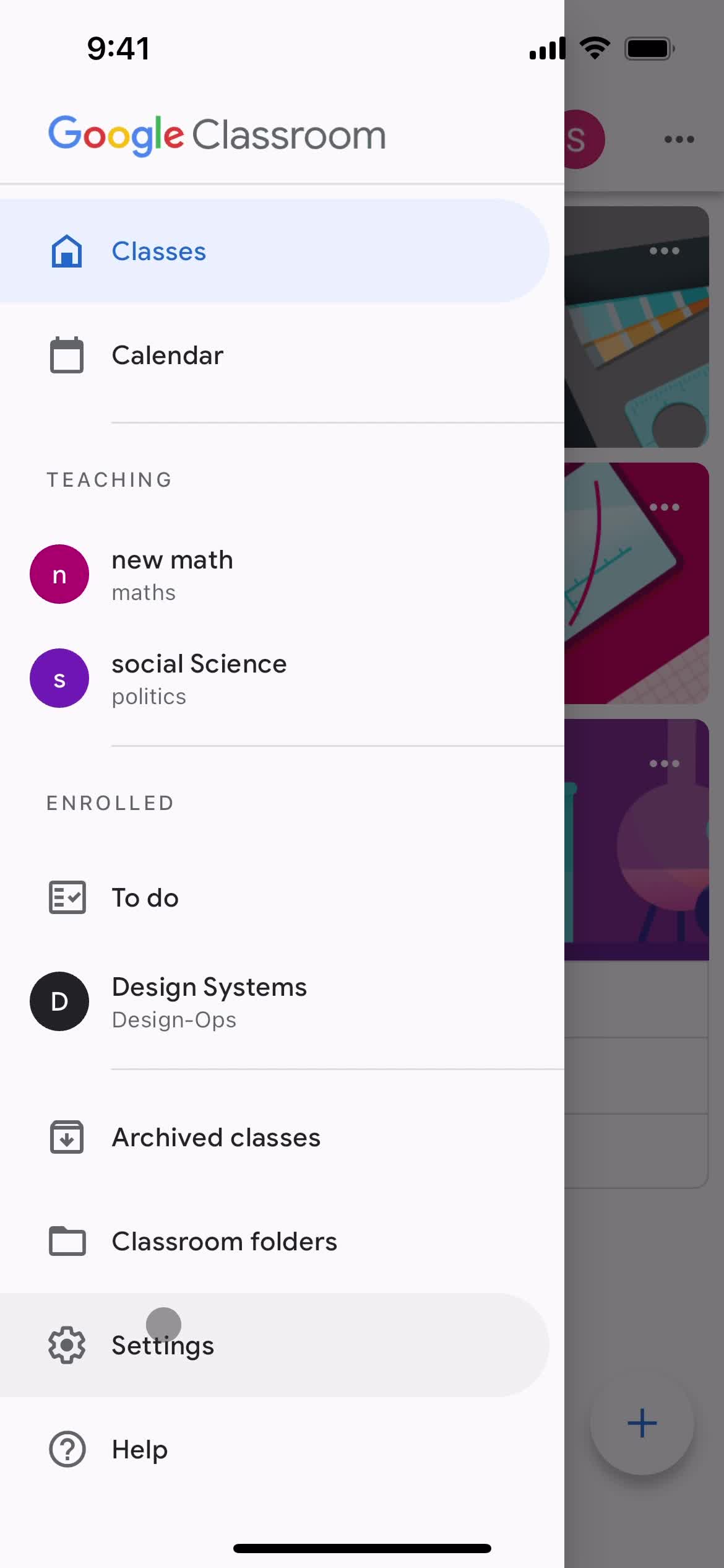 Google Classroom account menu screenshot