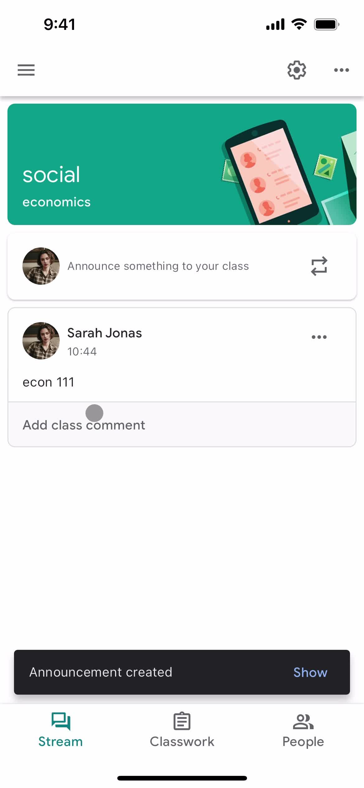 Google Classroom created screenshot