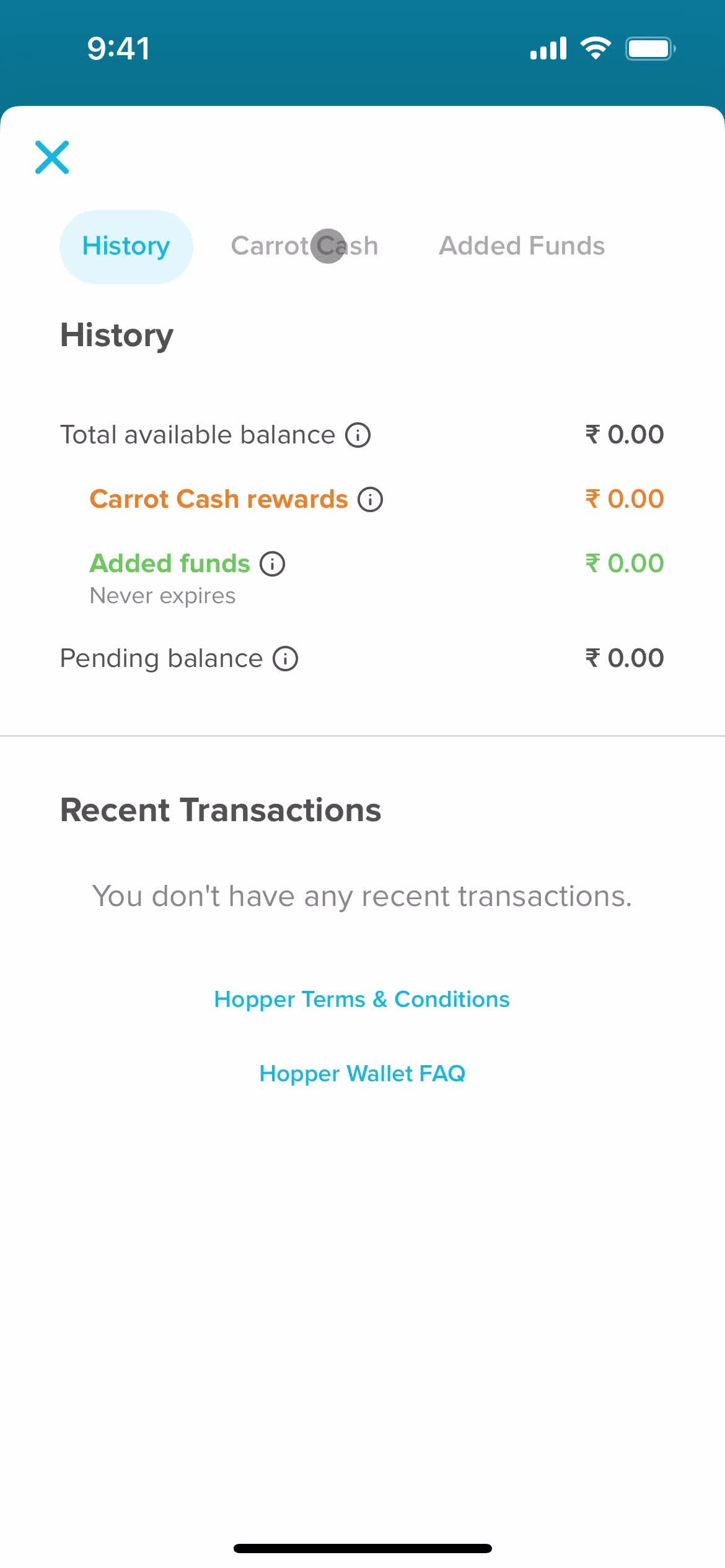 Hopper transaction history screenshot
