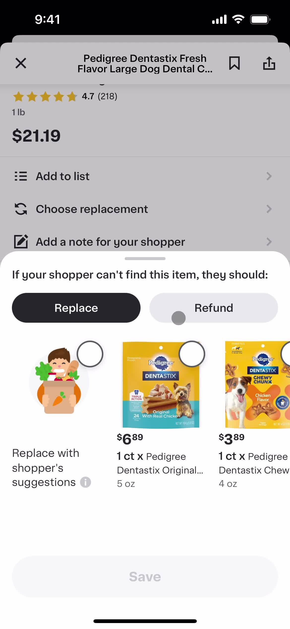 Instacart options screenshot