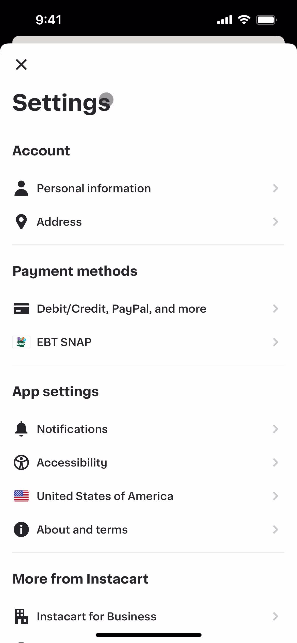 Instacart settings screenshot