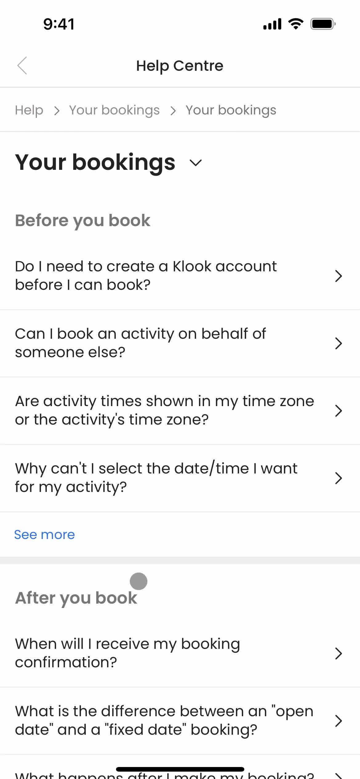 Klook help center article screenshot