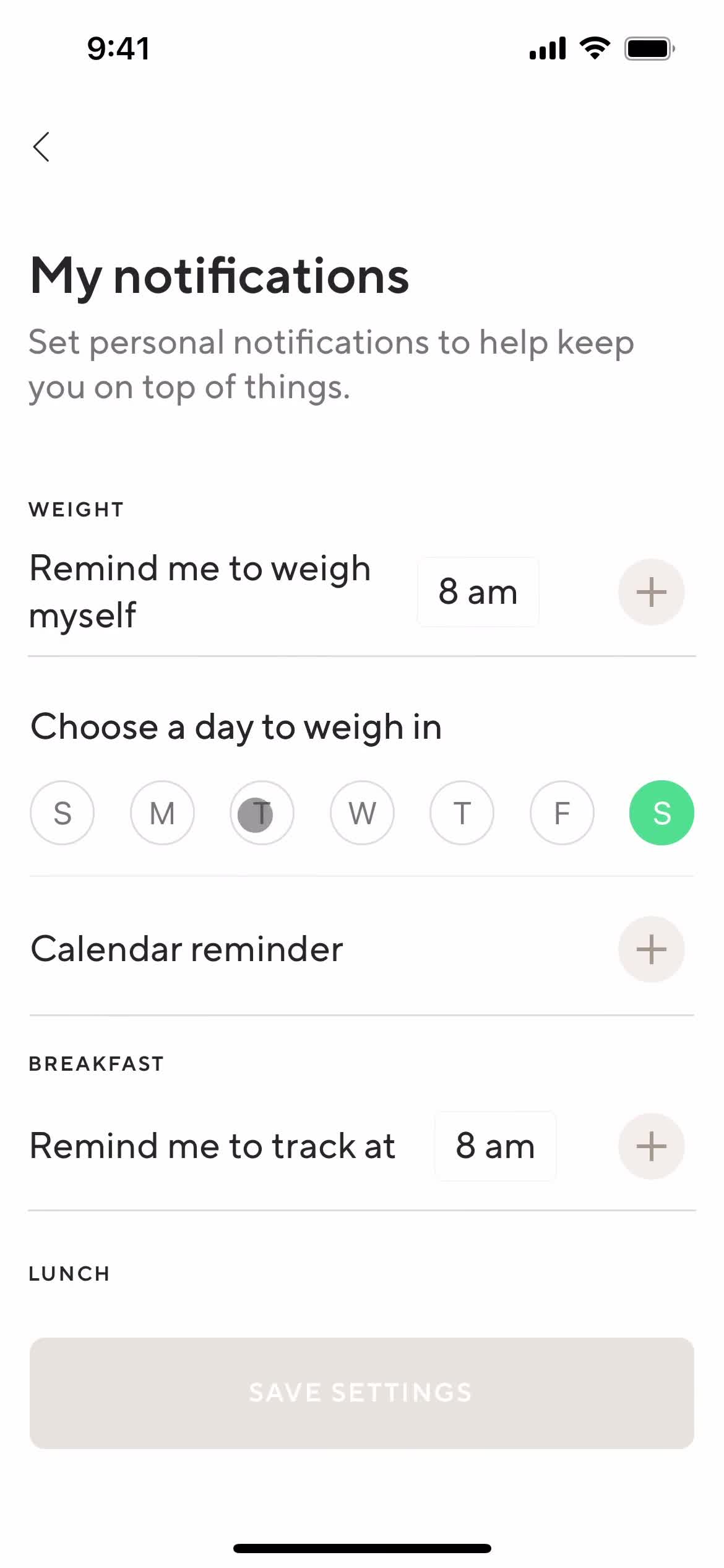 Lifesum notification settings screenshot