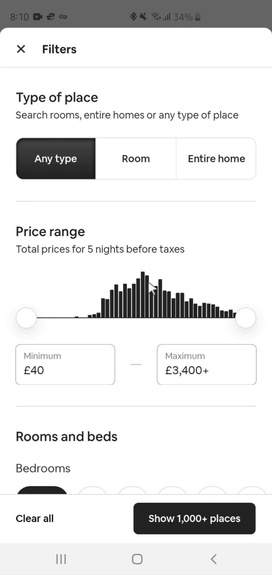 Airbnb filters screenshot