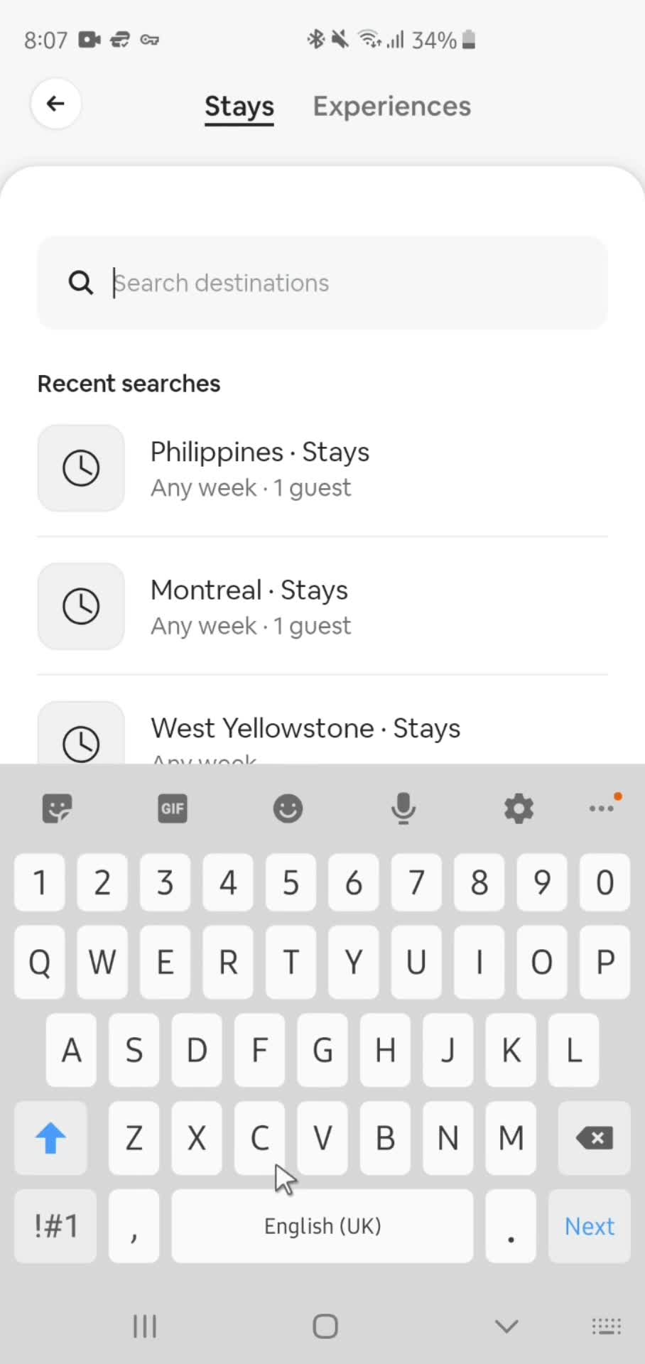 Airbnb search screenshot