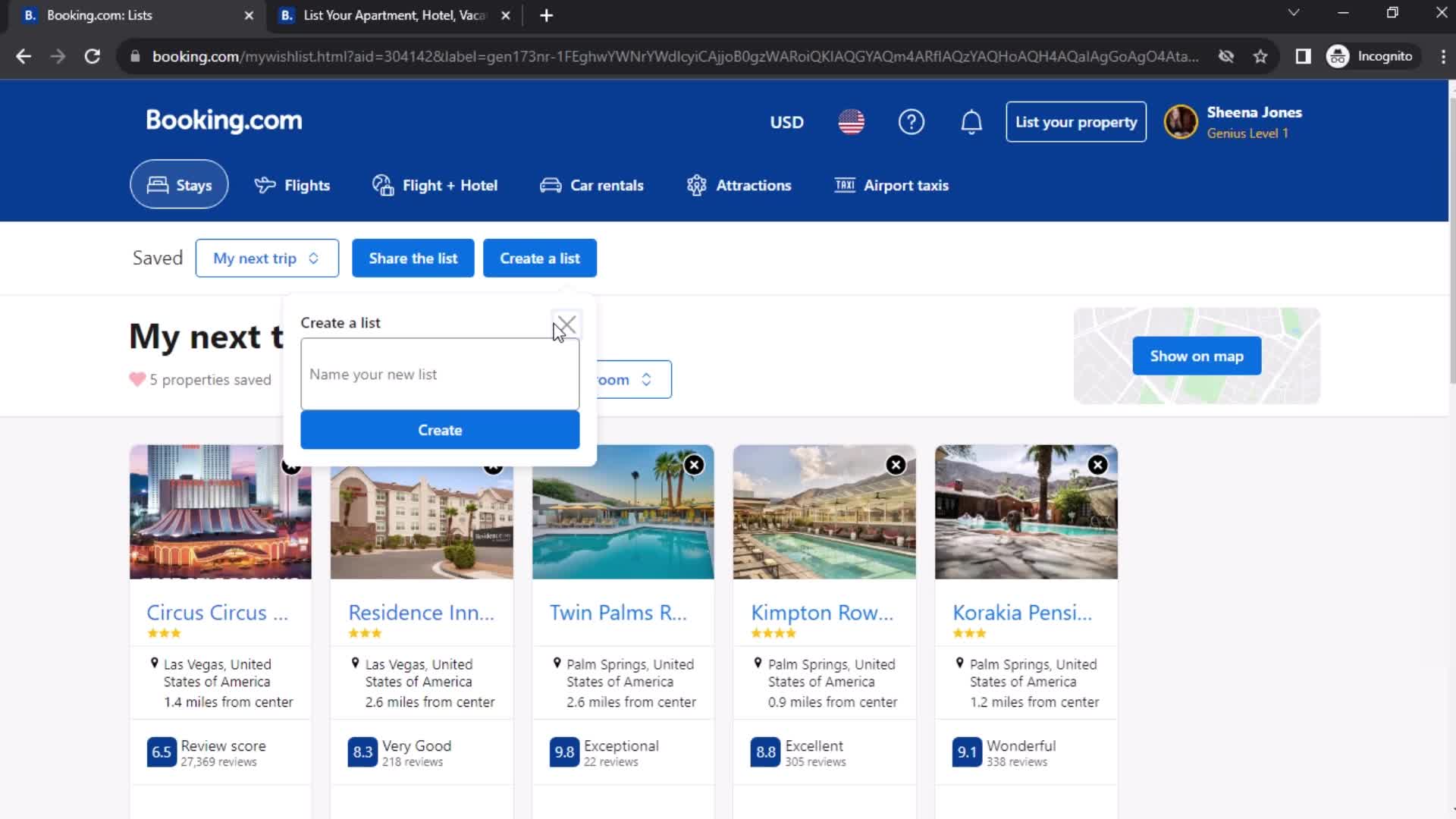 Booking.com create list screenshot